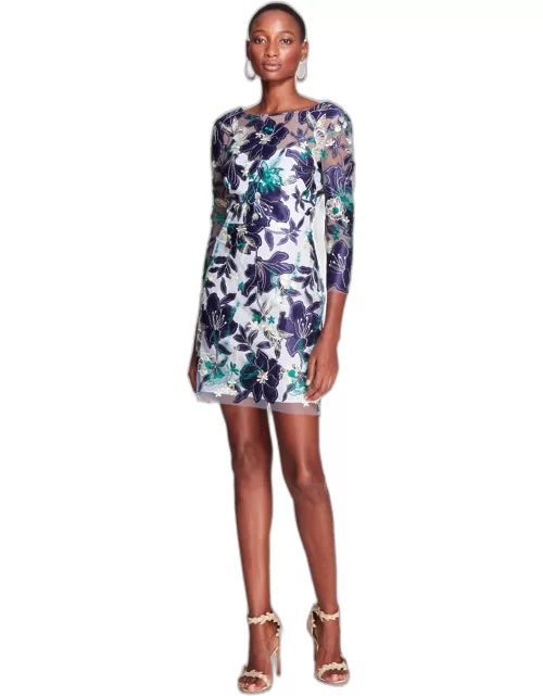 Marchesa Notte Long Sleeve Embroidered Mini Dres
