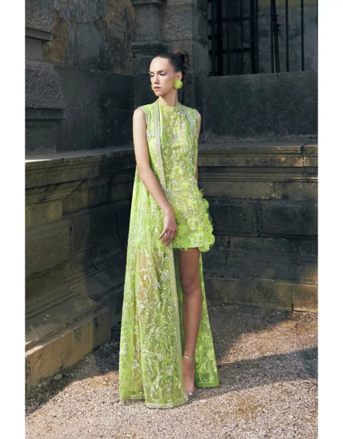 Tony Ward Embroidered Cocktail Dress with Tulle Coat