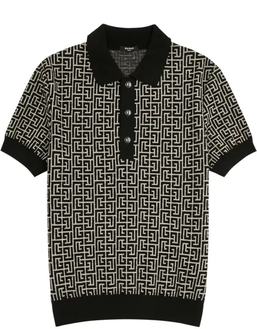 Balmain Monogram-intarsia Wool-blend Polo Shirt - Black