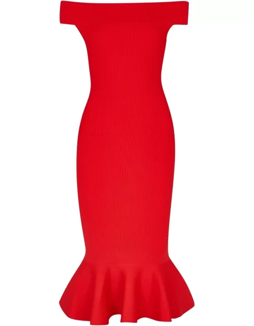 Alexander McQueen Red Off-the-shoulder Ribbed-knit Dress