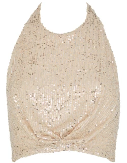 IN The Mood For Love Peres Silver Halterneck Cropped Sequin Top