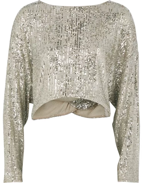 IN The Mood For Love Coco Silver Cropped Sequin Top - Beige
