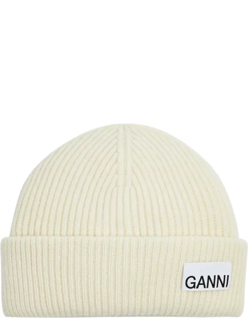 Ganni Fitted Ribbed Wool-blend Beanie - Crea