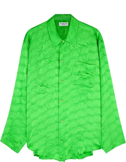 Balenciaga Green Logo-jacquard Crinkled Satin Shirt, Shirt, Green