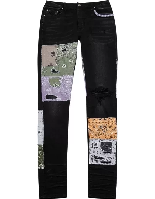 Amiri Bandana Patchwork Distressed Skinny Jeans - Black