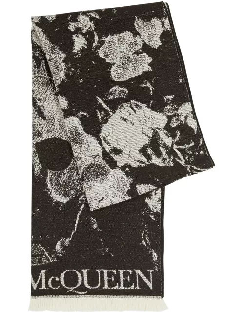 Alexander Mcqueen Flower Bloom Wool Scarf - Black And White
