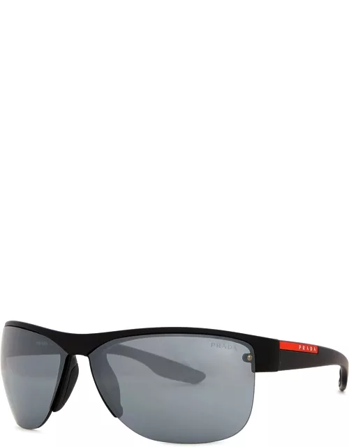 Prada Linea Rossa Matte Black Wrap-around, Sunglasses, Mirrored