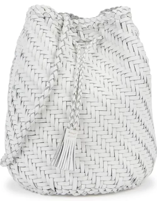 Dragon Diffusion Pom Pom Double White Woven Leather Bucket Bag