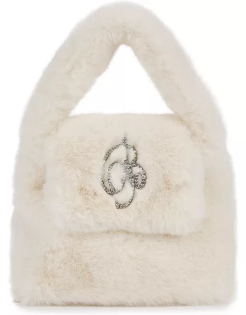 Blumarine Ivory Embellished Faux Fur Top Handle Bag - Beige