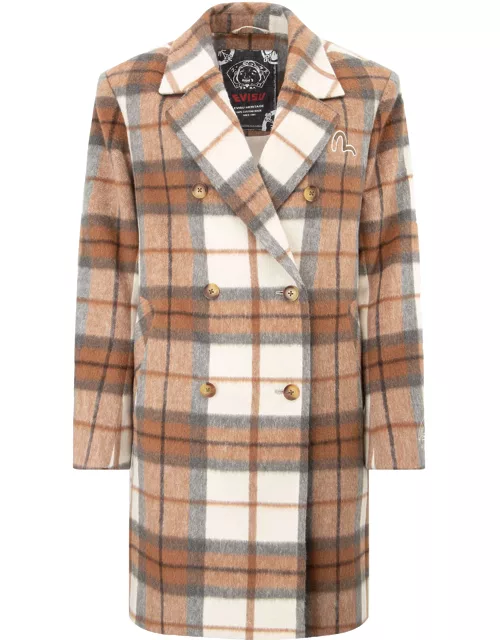 Seagull Embroidery Checked Wool-Blend Coat