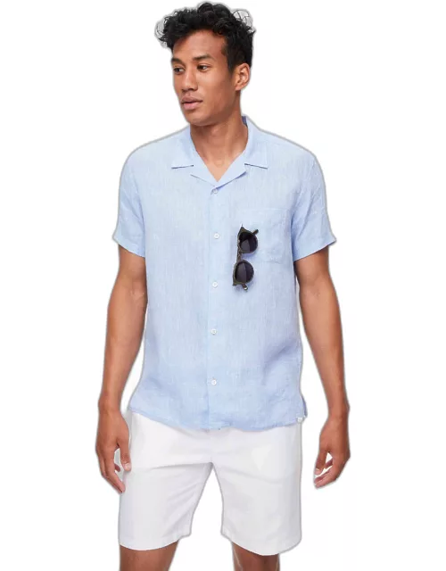 Derek Rose Men's Short Sleeve Shirt Monaco Linen Blue