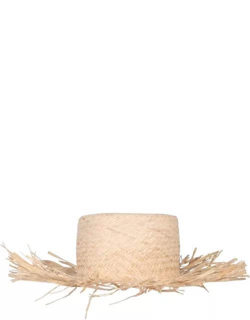 red (v) straw hat
