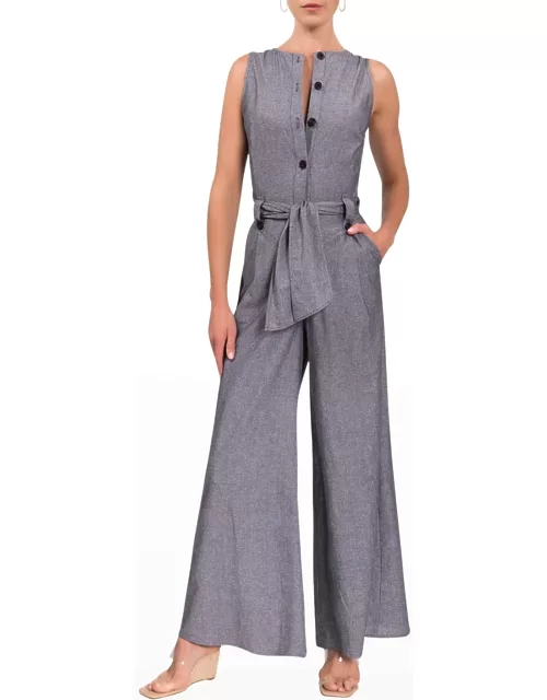 Tori Chambray Front-Tie Wide-Leg Jumpsuit