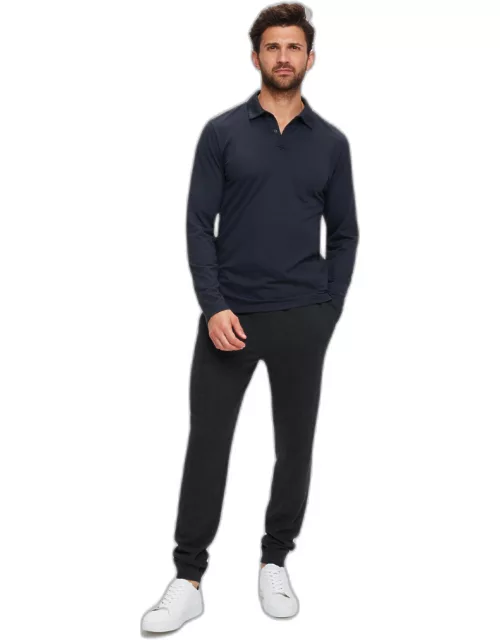 Derek Rose Men's Long Sleeve Polo Shirt Ramsay 2 Pique Cotton Tencel Navy