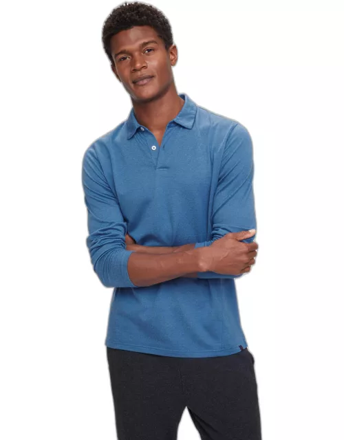 Derek Rose Men's Long Sleeve Polo Shirt Ramsay 3 Pique Cotton Tencel Blue
