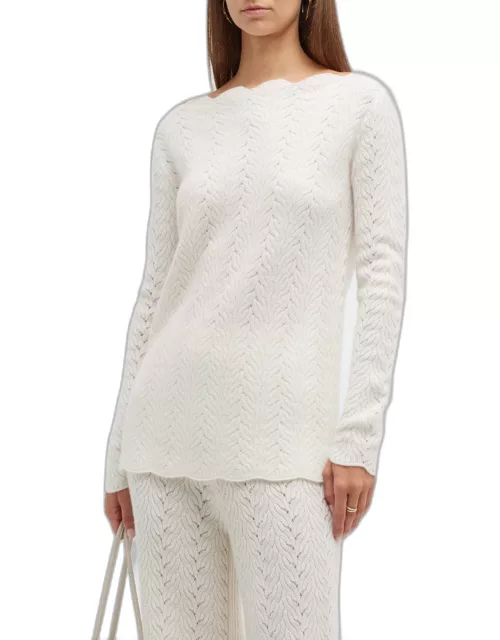 Open-Knit Lace Scalloped Cashmere Sweater