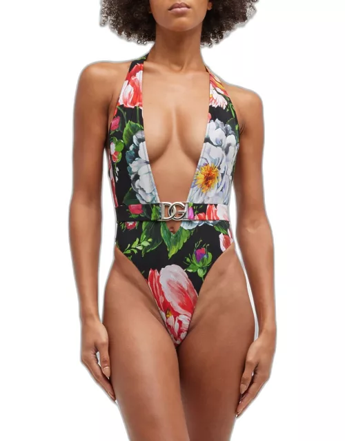 Belted Floral-Print Plunge One-Piece Swimsuit