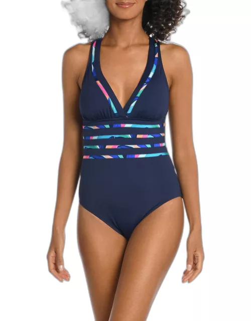 Painted Multi-Strap Cross-Back One-Piece Swimsuit