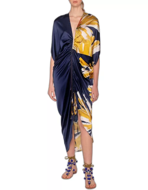 Cloister Floral-Print Ruched Midi Silk Dres