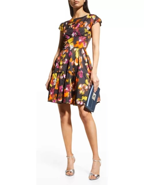 Floral-Print Boat-Neck Tiered Dres