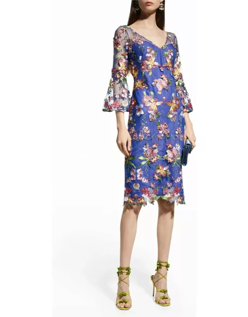Floral-Embroidered Tulle Cocktail Dres