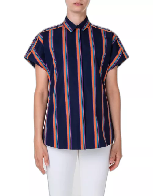 Striped Button-Shoulder Cap-Sleeve Poplin Shirt