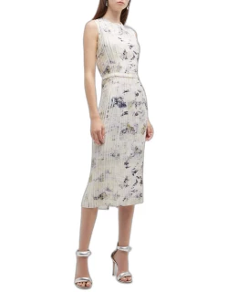 Floral-Print Crepe Pleated Midi Day Dres