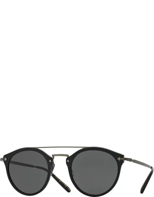Remick Mirrored Brow-Bar Sunglasses, Semi Matte Black/Antique Pewter