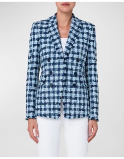 Check Linen Tweed Double-Breasted Blazer