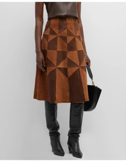 Steff Geometric Two-Tone Leather Midi Skirt