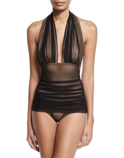 Bill Ruched-Mesh Halter Maillot Swimsuit, Black