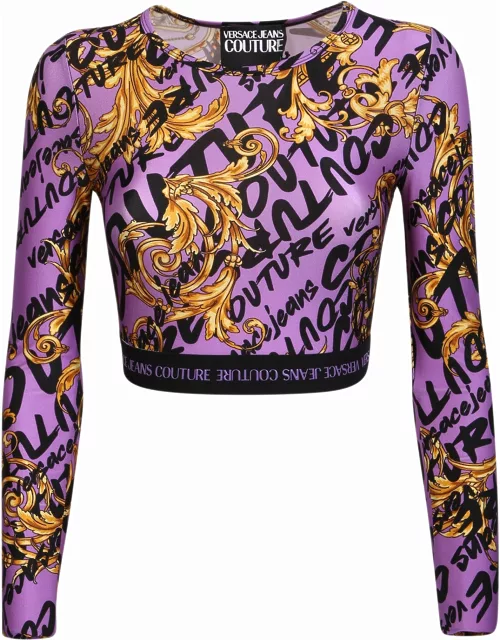 Versace Jeans Couture Cropped T-shirt With Baroque Print Purple