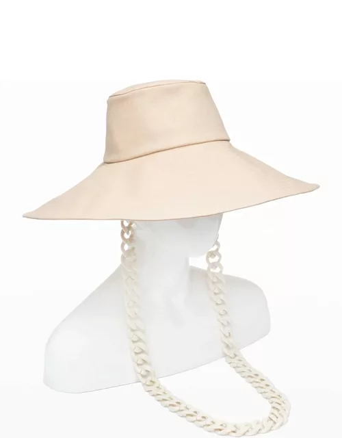 Mila Large-Brim Linen Sun Hat w/ Chain Strap