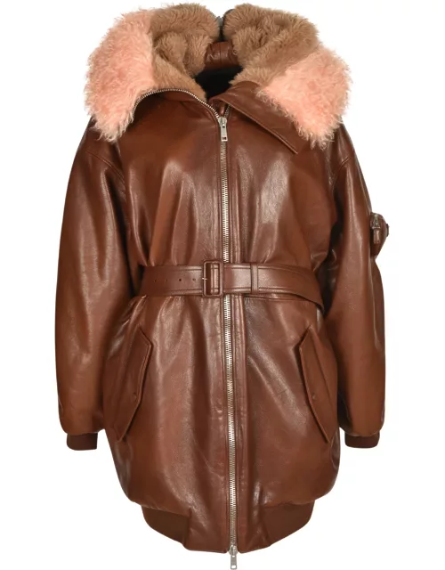 Prada Furred Hood Zip Belted Coat