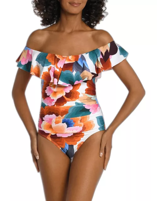 Floral Off-Shoulder Ruffled One-Piece Swimsuit