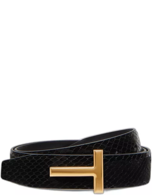 T Buckle Python Embossed Smooth Leather Belt