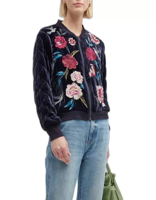 Junia Velvet Floral-Embroidered Bomber Jacket