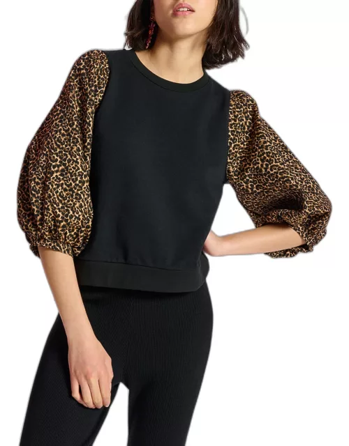 Crema Sweatshirt w/ Leopard-Jacquard Sleeve