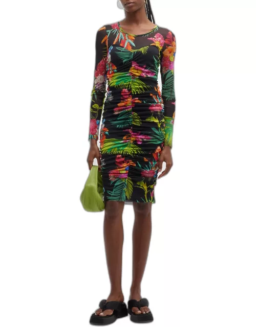 Ruched Floral-Print Tulle Dres