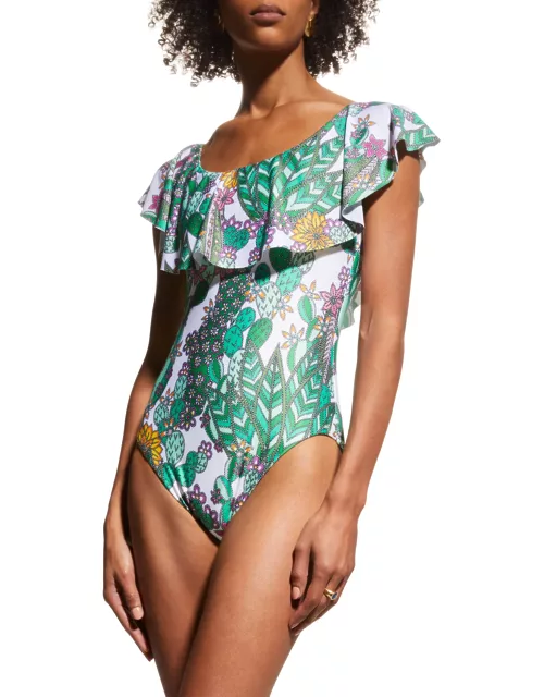 Cacti Ruffle Off-Shoulder One-Piece Swimsuit