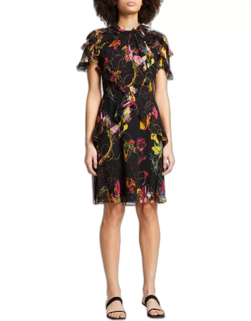 Sculptural Floral Print Ruffle Day Dres