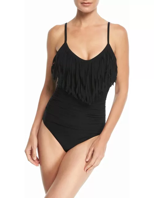 Blaire V-Neck Solid One-Piece Swimsuit w/ Fringe