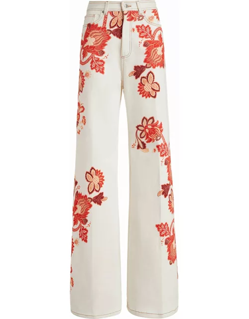 Etro Woman White And Orange Tree Of Life Floral Palazzo Jean