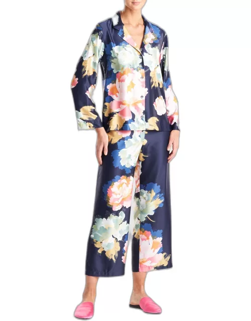 Hanami Cropped Floral-Print Satin Pajama Set