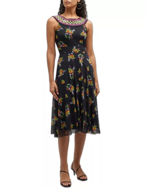 Floral Printed Tulle Midi Dres