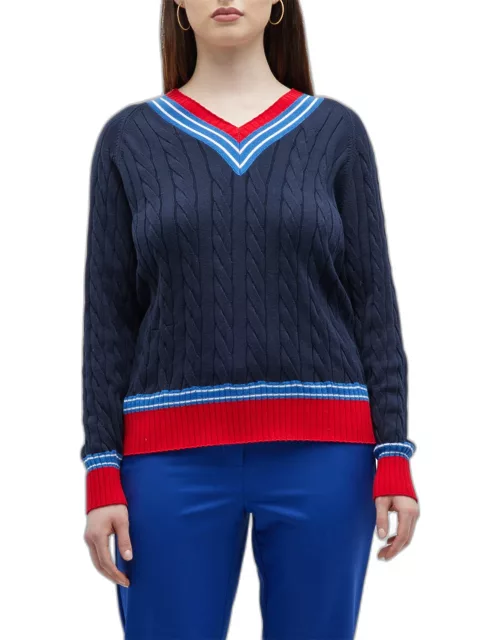 Striped-Trim Cable-Knit Sweater