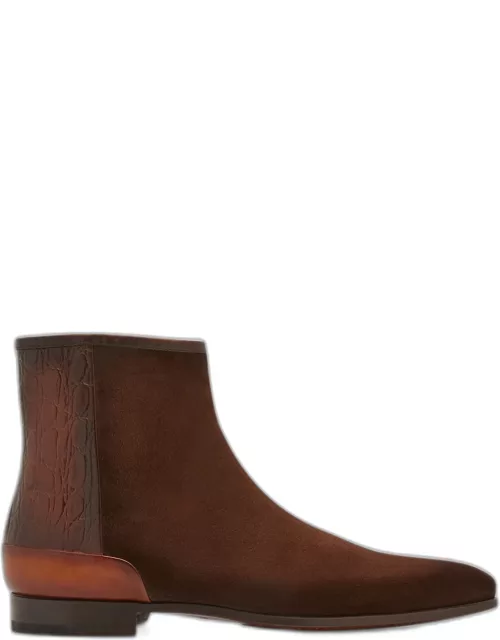 Men's Croc-Embossed Heel Velvet Zip Ankle Boot