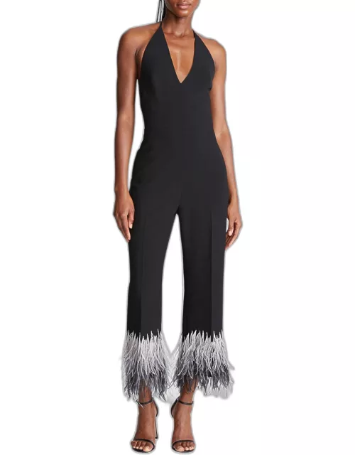 Kaitlyn Halter Feather-Cuff Crepe Jumpsuit