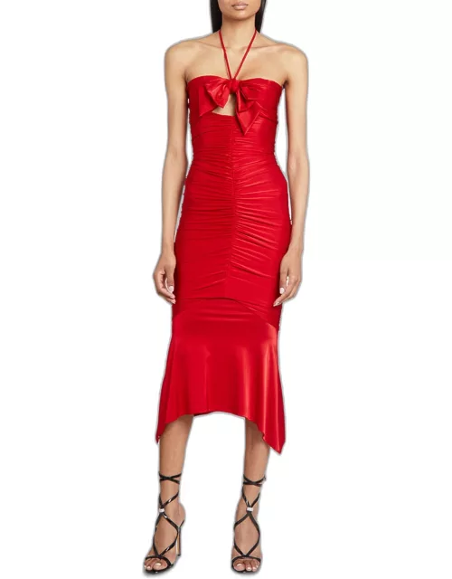 Bow-Cutout Ruched Halter Midi Dres