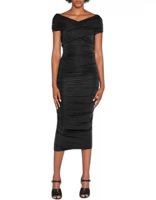 Off-The-Shoulder Ruched Jersey Midi Dres